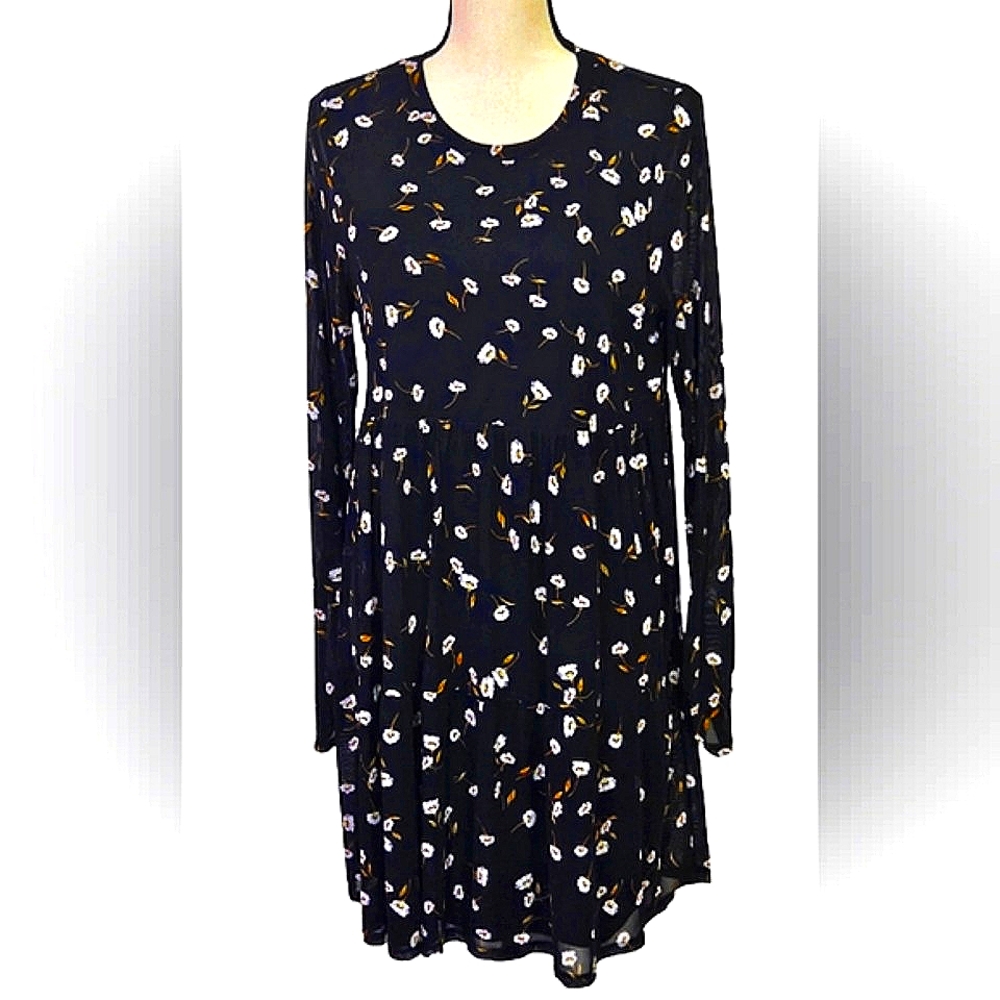 AFRM Black Multi-Color Floral Long Sleeve Baby Doll Dress w/ Back Keyhole, Large
